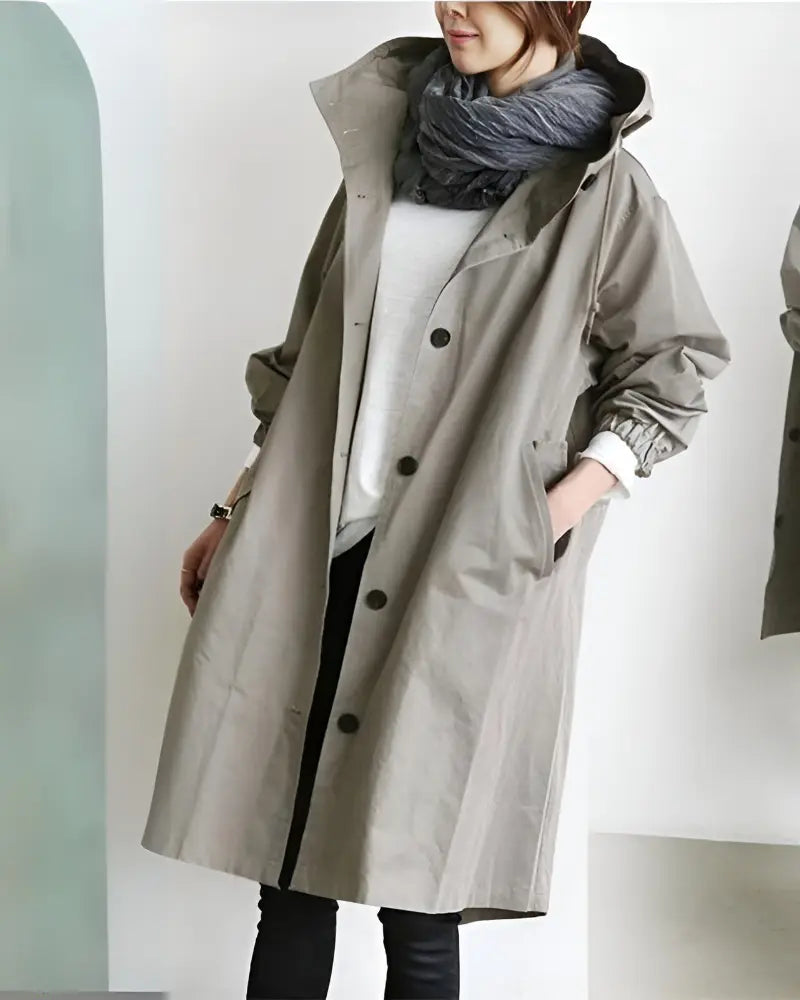 Women's hooded trench coat classic silhouette warm thick fabric lightweight stylish chilly days