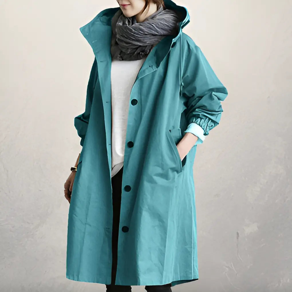 Women's hooded trench coat classic structured silhouette warm thick fabric lightweight chilly days style