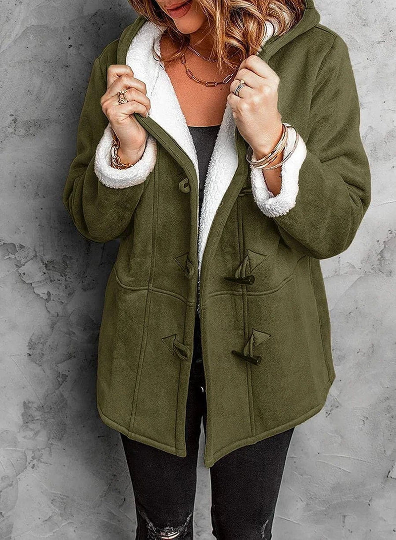 Women's black faux suede toggle coat with shearling lining and hood for warm winter style