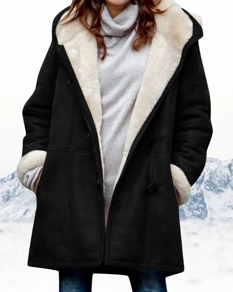 Women's knee-length hooded wool blend coat relaxed fit with toggle closure for cozy winter warmth