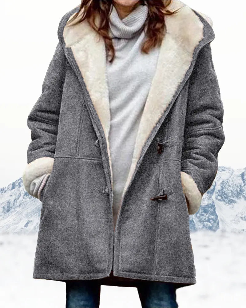 Women's knee-length hooded wool blend coat relaxed fit with toggle closure in cozy winter style