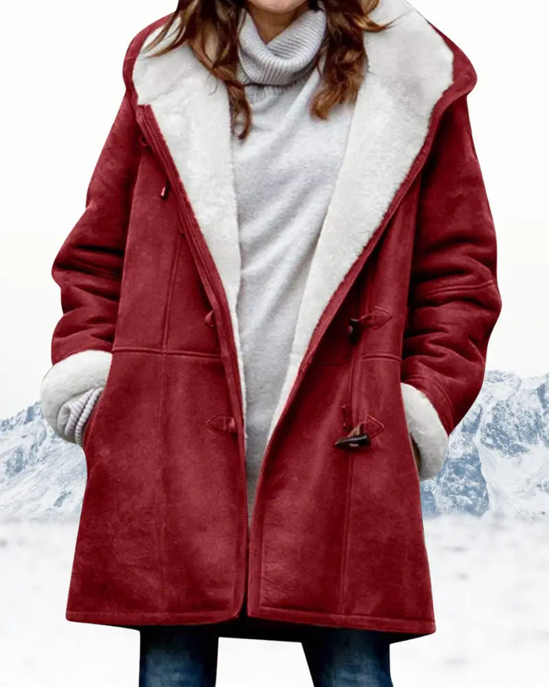 Women's knee-length hooded wool blend coat relaxed fit with toggle closure in cozy winter style