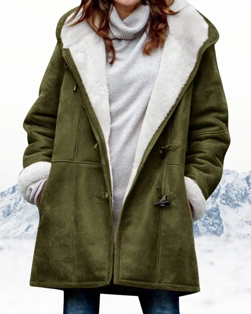 Women's knee-length hooded wool blend coat, relaxed fit winter jacket with toggle closure