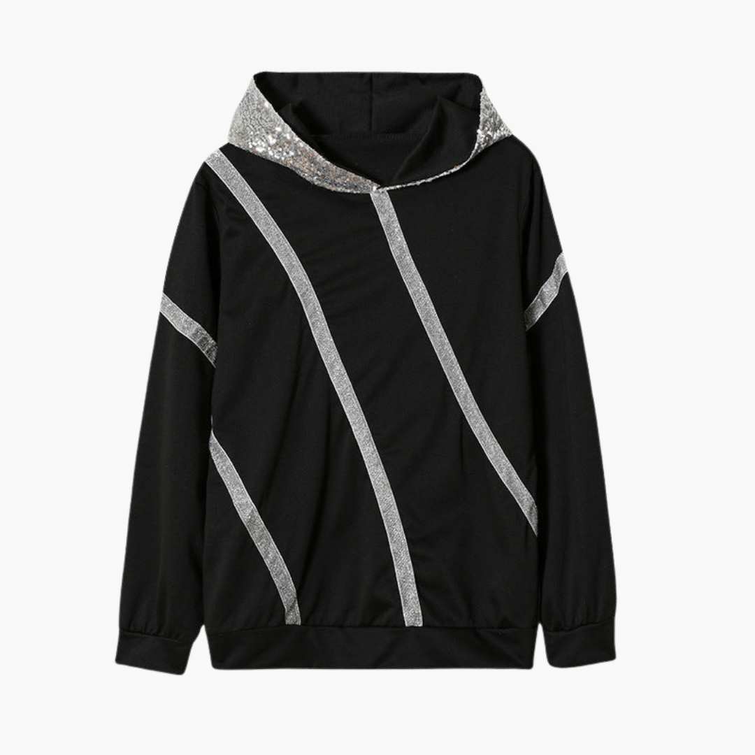 Women's silver sequin hoodie with adjustable drawstring hood and glitter neckline details