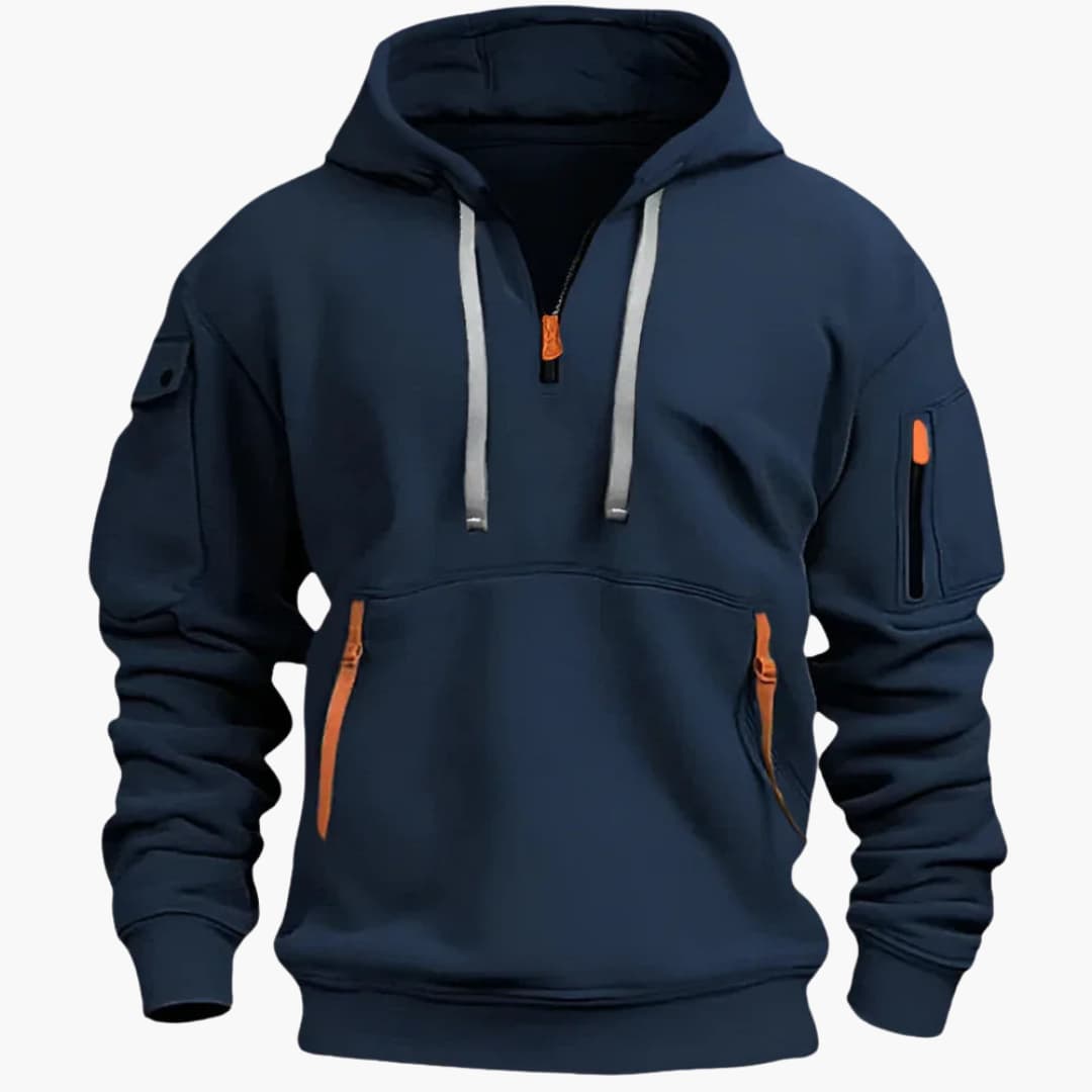 Men's gray zip-up hoodie with adjustable hood and zippered side pockets for casual everyday wear