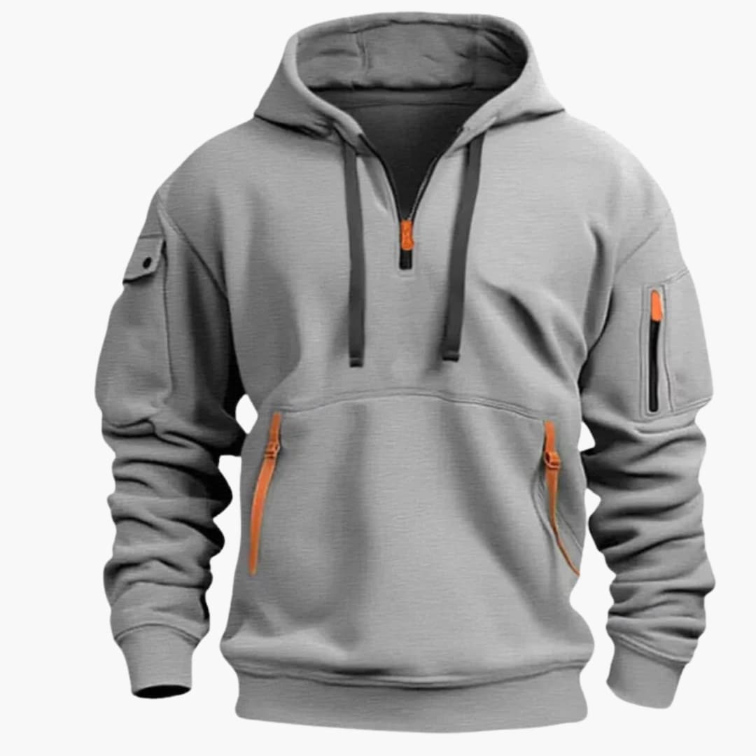 Men's gray zip-up hoodie with adjustable hood and zippered side pockets for casual everyday wear