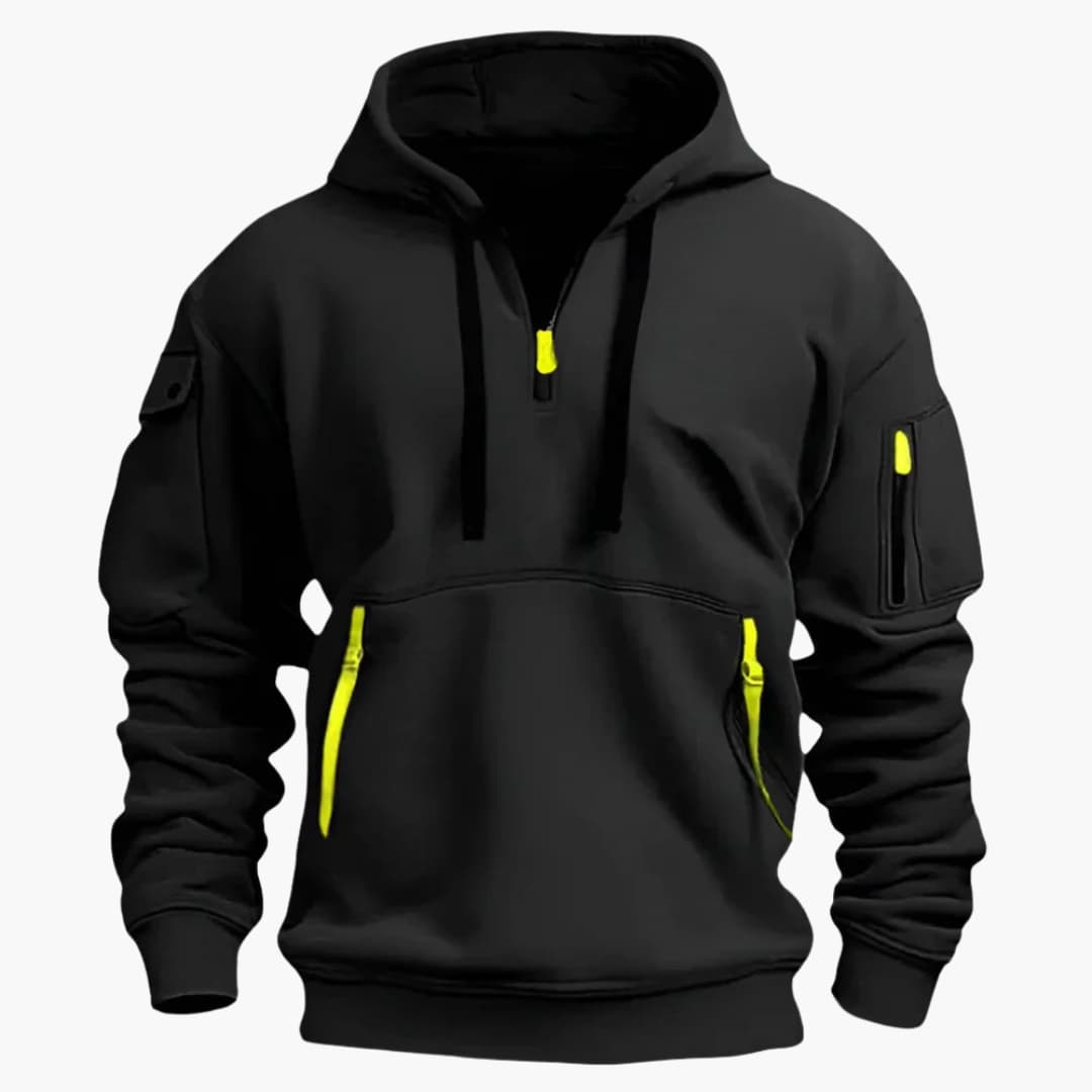 Men's gray zip-up hoodie with adjustable hood and zippered side pockets for casual everyday wear
