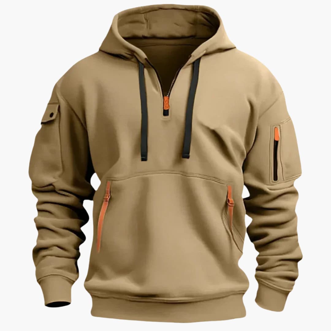 Men's gray zip-up hoodie with adjustable hood and zippered pockets for casual everyday style