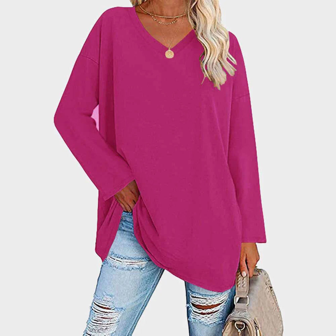 Women's casual loose fit long sleeve top in neutral tone with relaxed silhouette and V-neckline