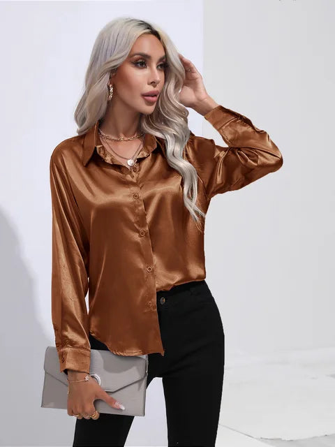 Women's loose satin blouse flowing silhouette subtle sheen polished finish for work or evening wear