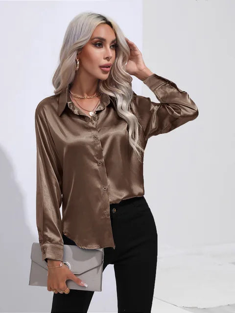 Women's loose satin blouse flowy silhouette subtle sheen polished style for work or evening wear