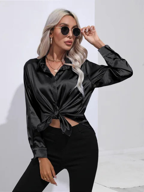Women's satin blouse loose silhouette flowing drape subtle sheen polished everyday workwear style