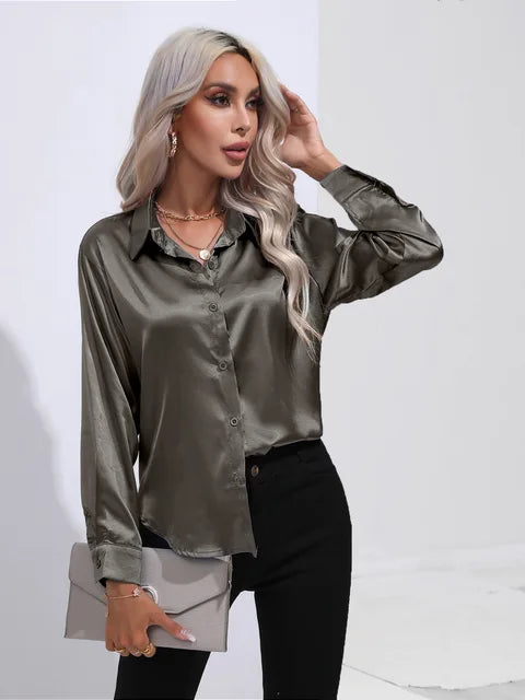 Women's loose satin blouse flowing silhouette subtle sheen polished everyday workwear evening style