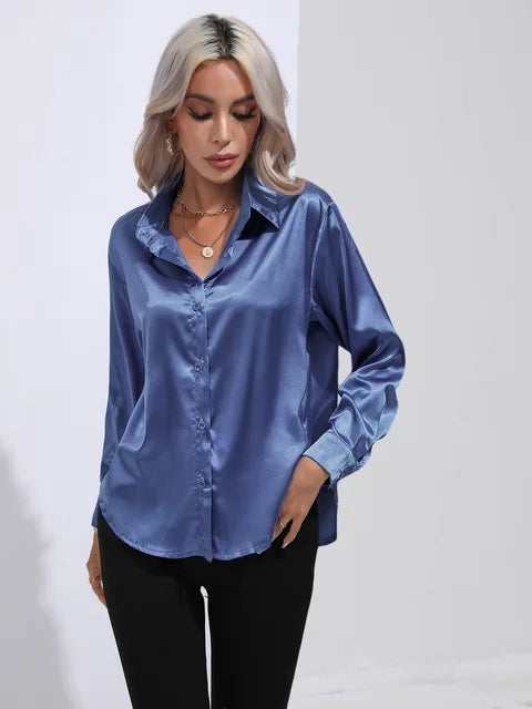 Women's loose satin blouse flowing silhouette subtle sheen polished versatile top for work or evening