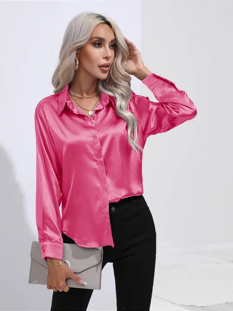 Women's satin blouse loose flowing silhouette subtle sheen polished finish for work or evening wear