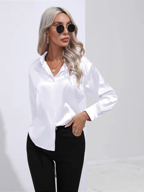 Women's loose satin blouse flowing silhouette subtle sheen polished versatile work evening wear