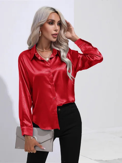 Women's loose satin blouse flowing silhouette subtle sheen polished workwear evening style