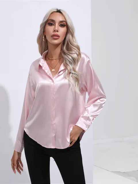 Women's satin blouse loose flowing silhouette subtle sheen finish for work or evening wear