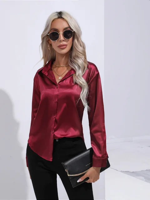 Women's satin blouse loose flowy silhouette subtle sheen polished versatile top for work or evening