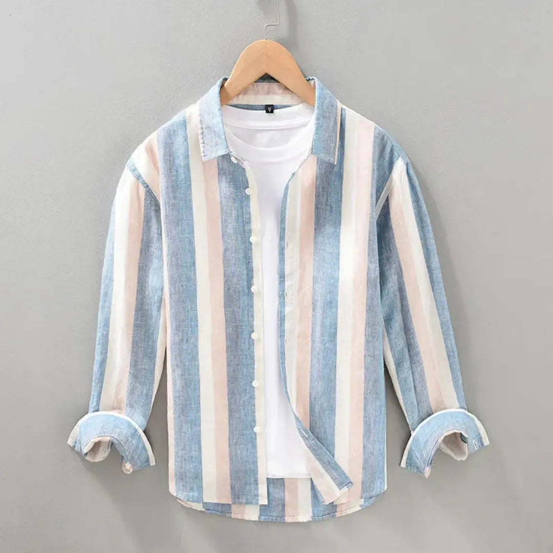 Hudson men's white vertical stripe linen shirt, slim smart-casual fit with breathable lightweight fabric