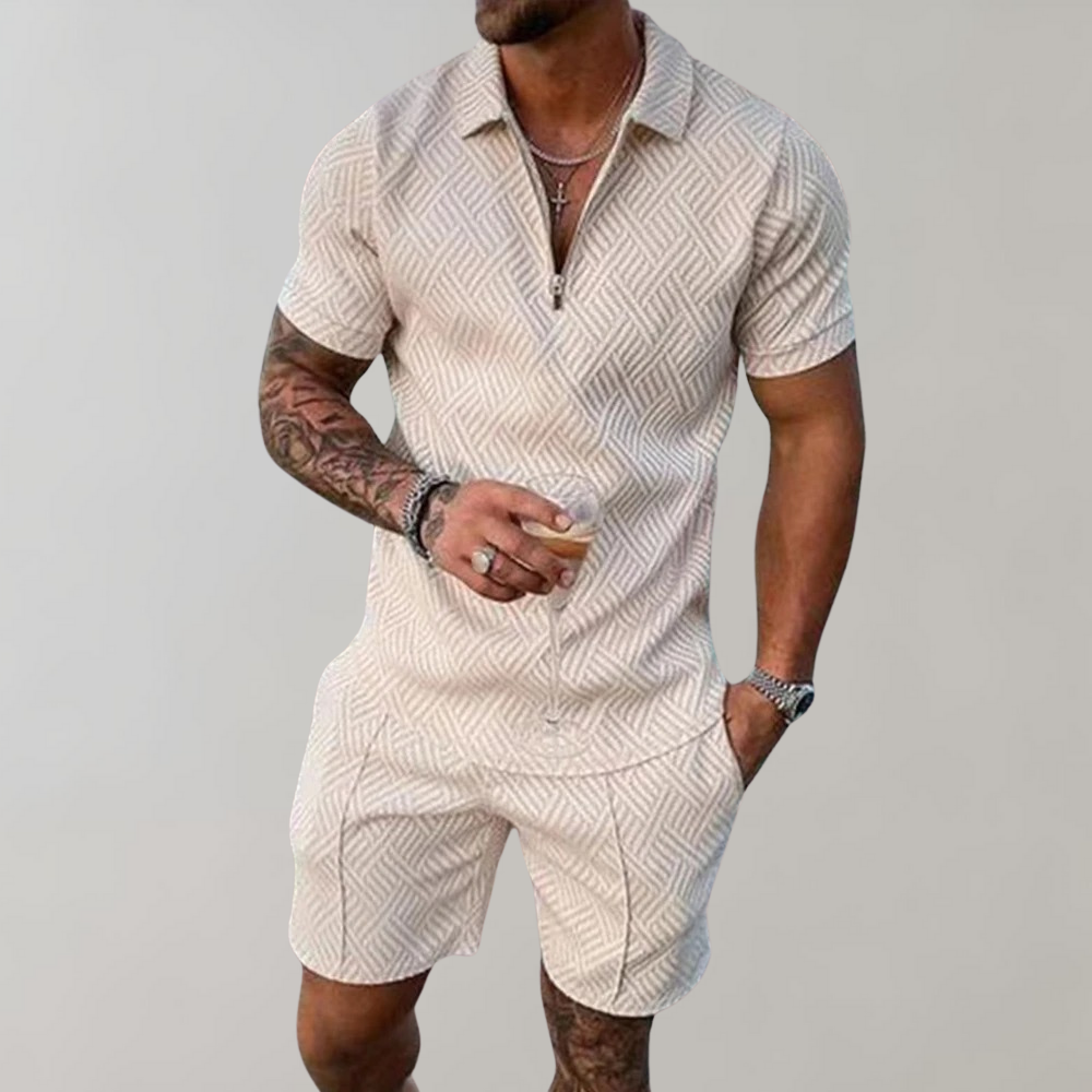 Men's beige zip polo shorts matching set relaxed fit lightweight summer coordinated outfit