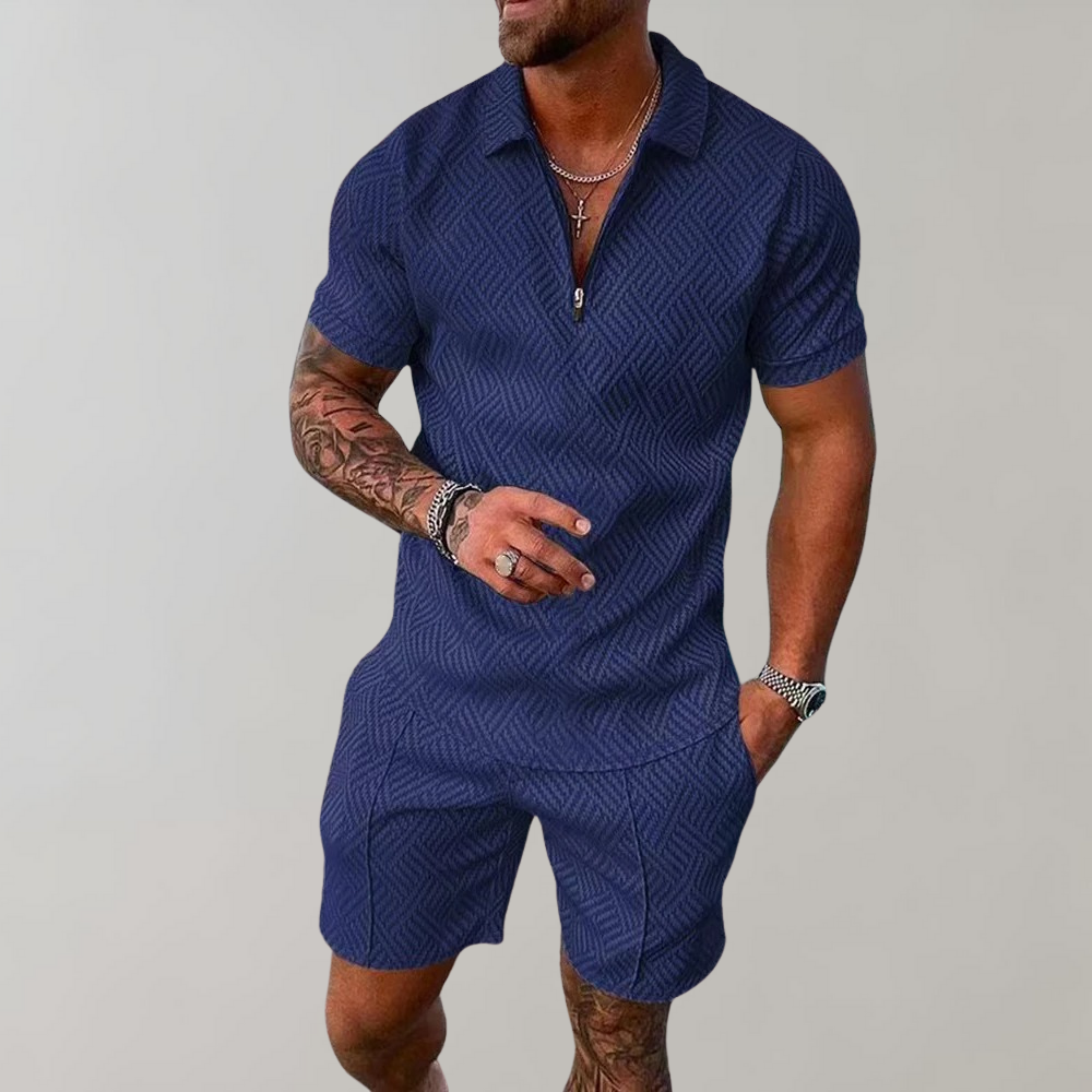 Men's beige zip polo shorts matching set relaxed fit lightweight summer coord with zip-up collar