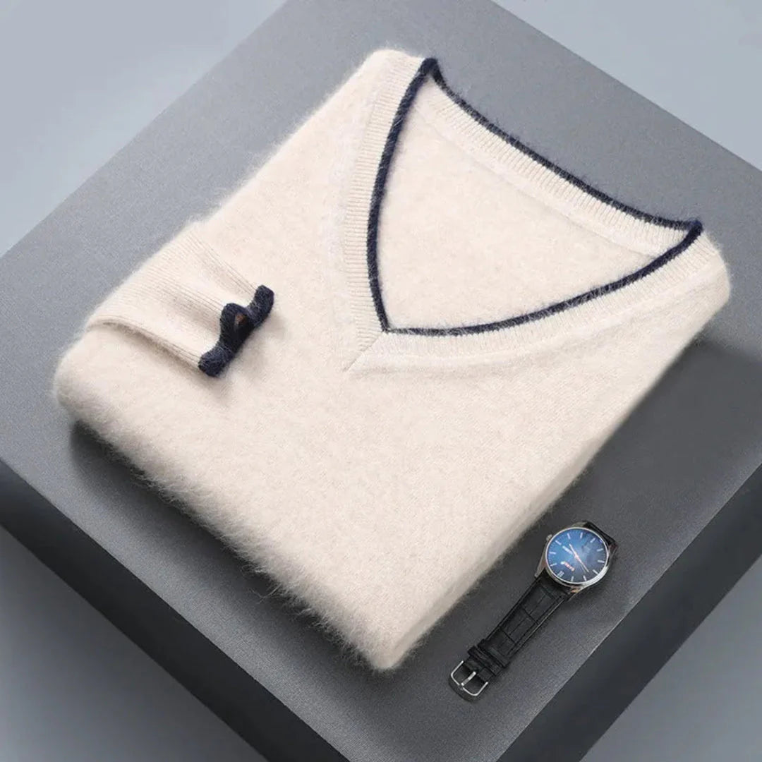 Hugo mink cashmere V-neck men's sweater in neutral tone with subtle contrast trim detailing