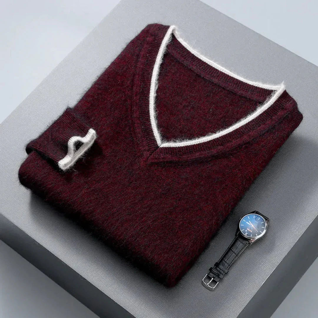 Men's mink cashmere V-neck sweater with subtle contrast trim, lightweight warmth, refined fit
