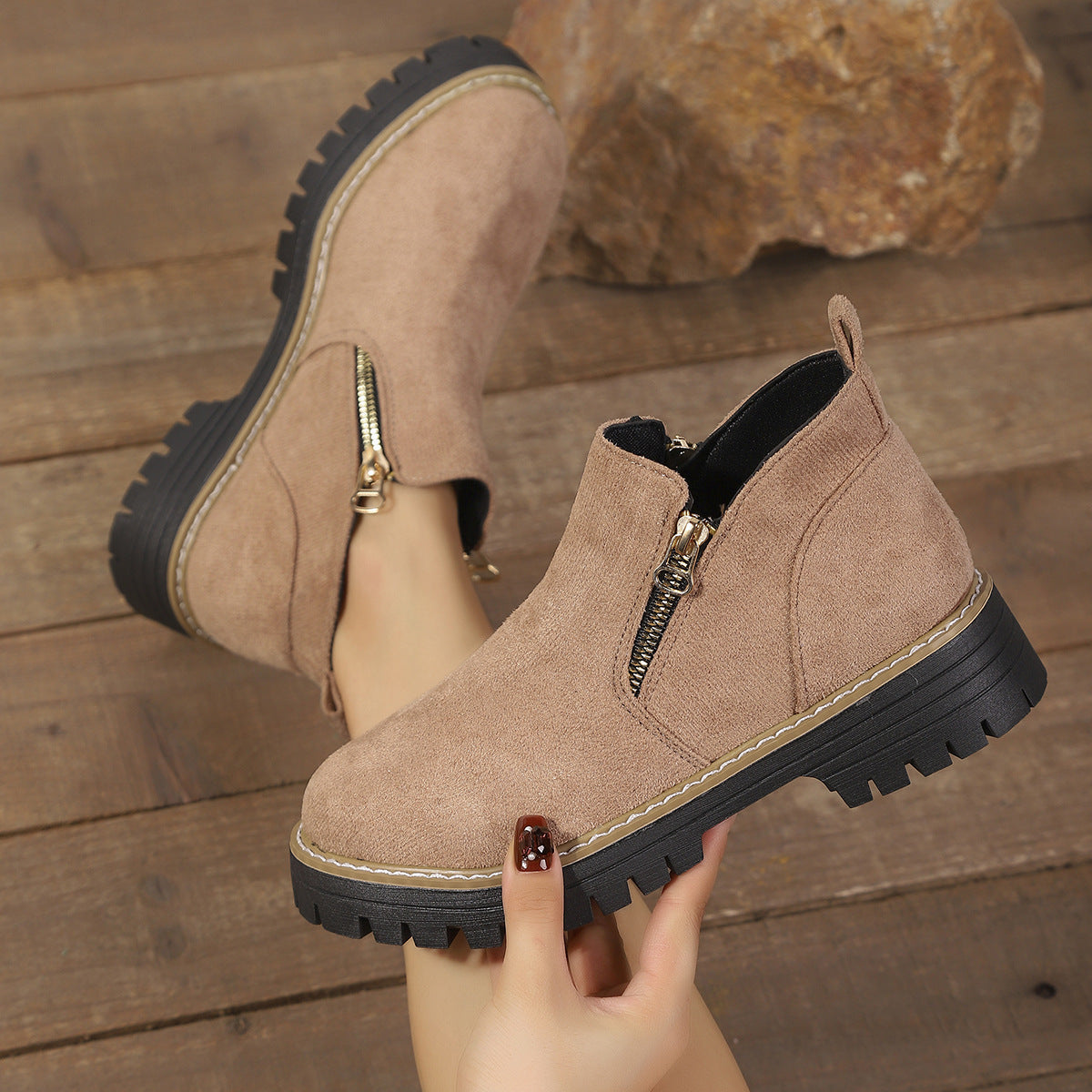 Women's faux suede ankle boots with side zip, arch support, cozy lining, sleek fall-winter silhouette