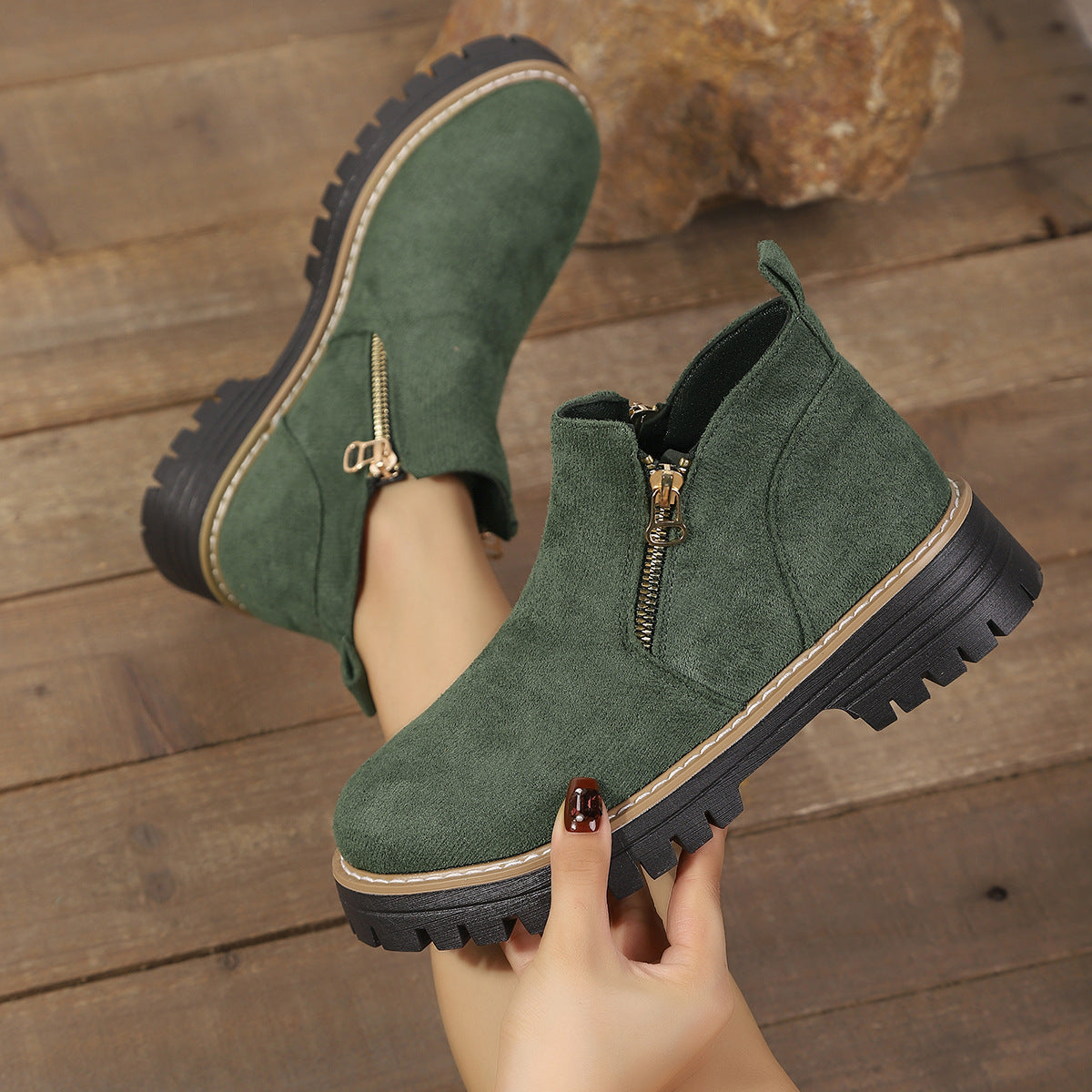 Women's faux suede ankle boots with arch support, side zip, cozy lining, fall winter comfort fit