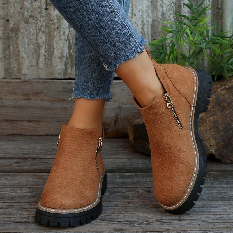 Women's faux suede ankle boots with arch support, side zip closure, cozy warm fall winter style