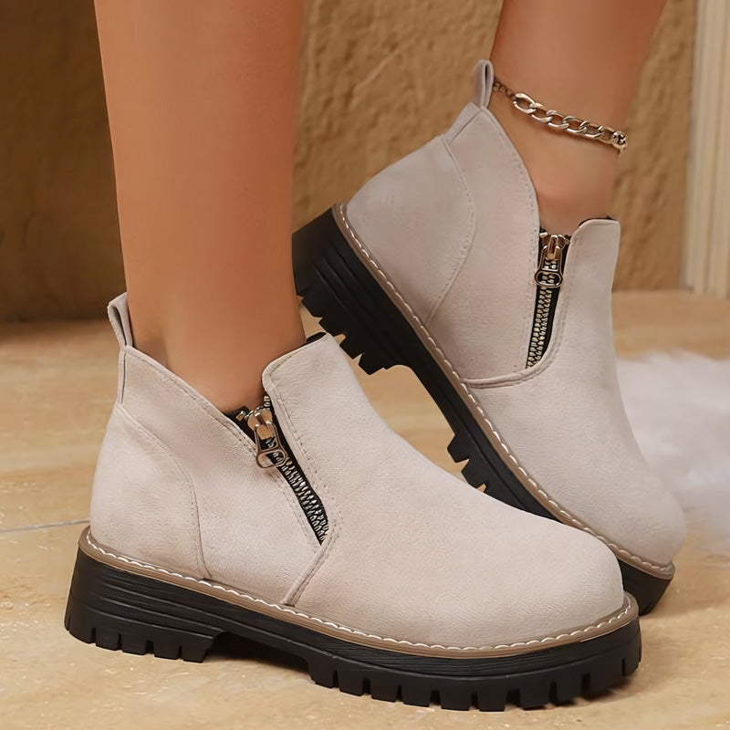 Women's faux suede ankle boots with arch support, side zip, cozy lining, fall winter comfort style