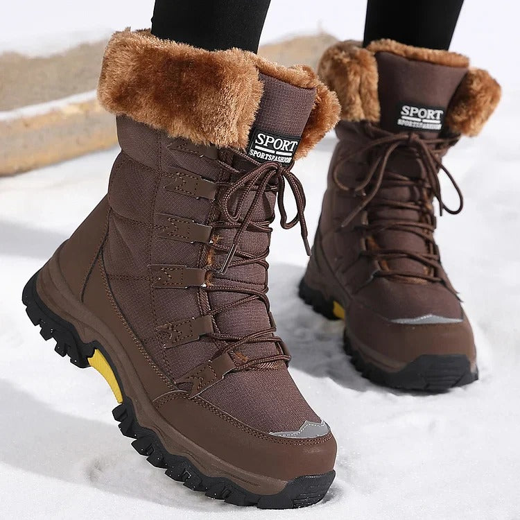 Women's waterproof snow boots with cozy plush faux fur lining, warm winter style for cold wet days