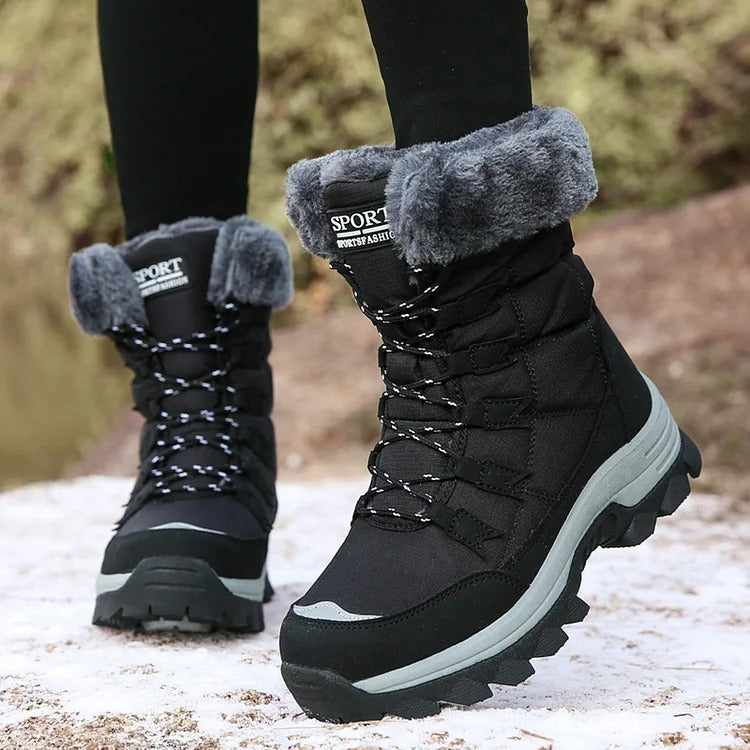 Women's waterproof snow boots with cozy plush faux fur lining, warm winter style, slip-resistant sole