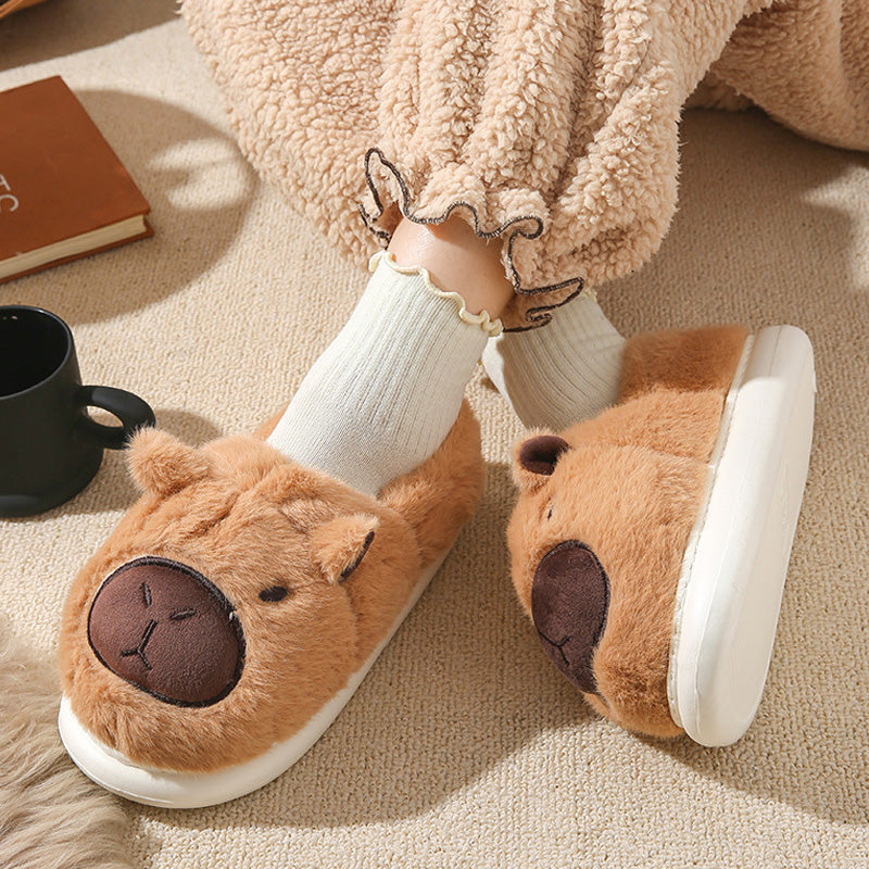 Women's brown capybara novelty slippers with memory foam insole, fluffy plush lining, and 3D animal face