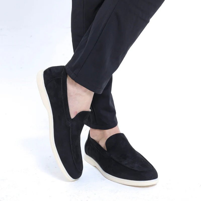 Men's brown suede slip-on loafers wide fit with arch support orthopedic footbed comfort shoes