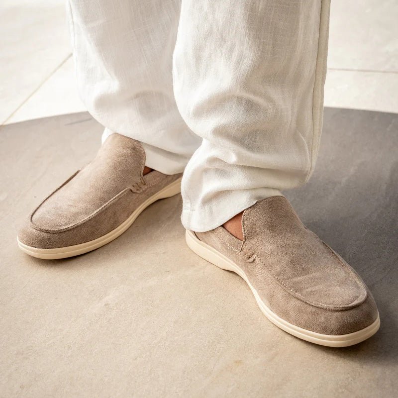 Men's brown suede loafers wide fit slip-on with orthopedic arch support comfort footbed