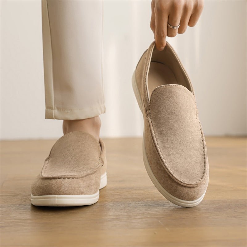 Men's brown suede wide-fit slip-on loafers with arch support orthopedic footbed comfort design