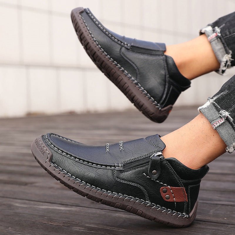 Men's brown leather ankle boots wide fit zip-up with hand-stitched design and orthopedic arch support