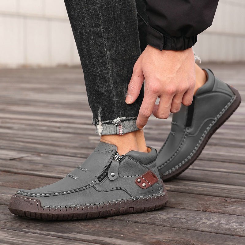 Men's brown leather ankle boots wide fit zip-up hand-stitched orthopedic arch support casual style