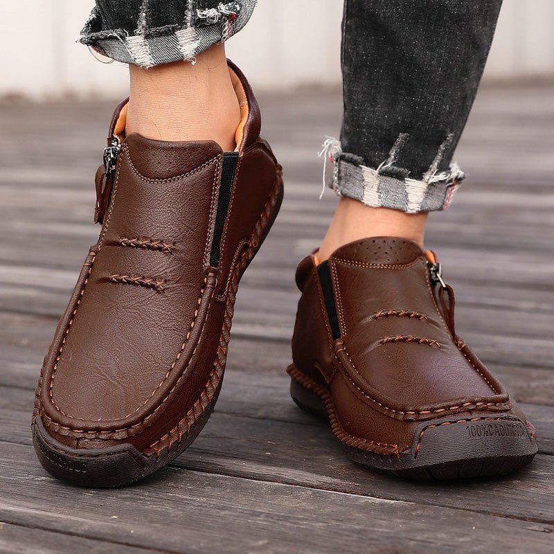 Men's brown leather ankle boots wide fit zip-up hand-stitched orthopedic arch support casual style