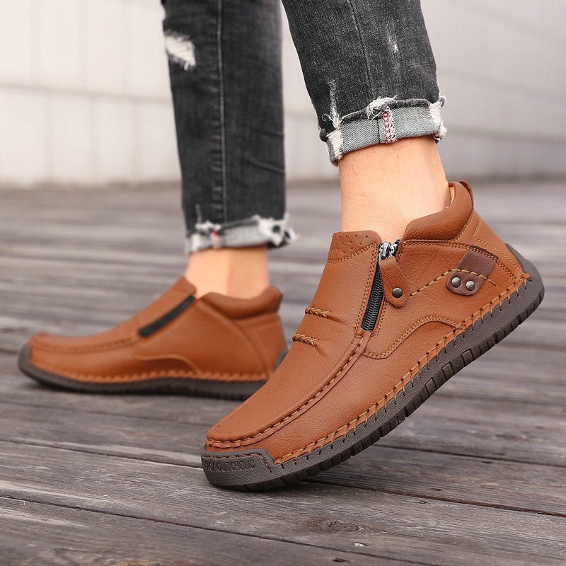 Men's brown leather ankle boots zip-up wide fit hand-stitched orthopedic arch support casual style