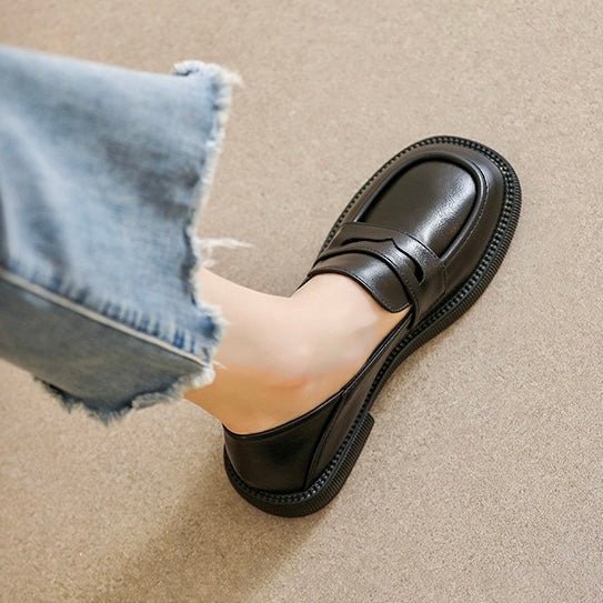 Women's black chunky platform loafers with arch support, wide fit British-style orthopedic comfort shoes