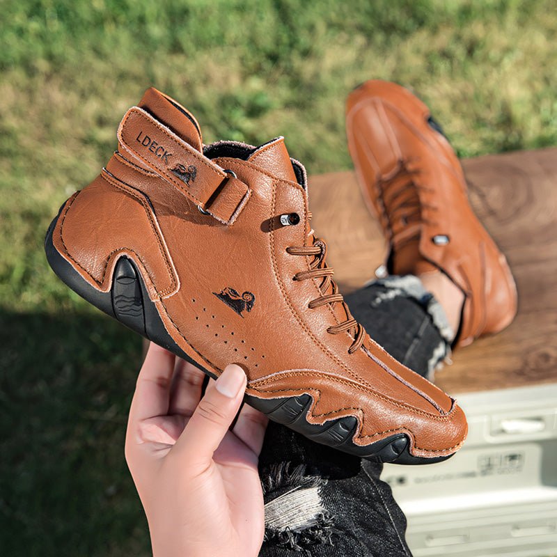Brown unisex orthopedic leather boots with wide toe box for barefoot comfort and outdoor style