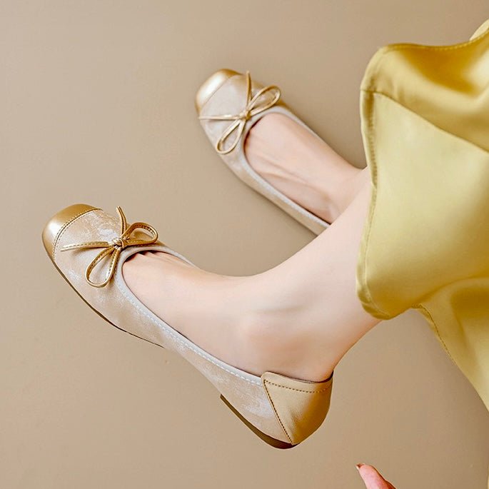 Women's square toe ballet flats with bow detail, cushioned arch support, and metallic cap accent