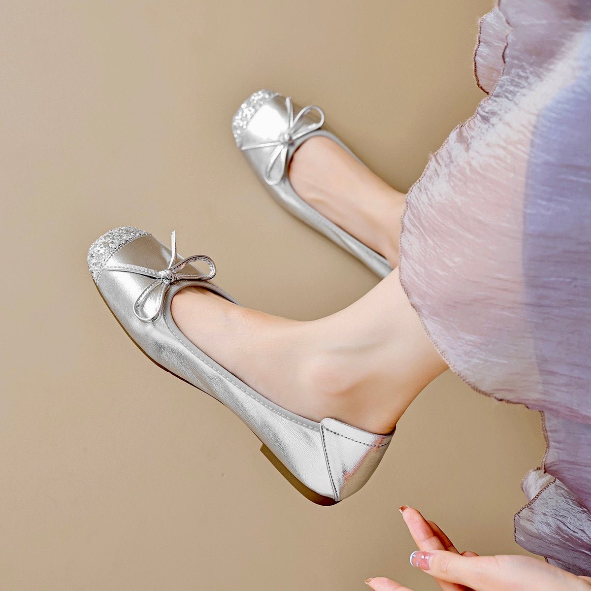 Women's square toe ballet flats with bow detail, cushioned arch support, and metallic cap toe accent