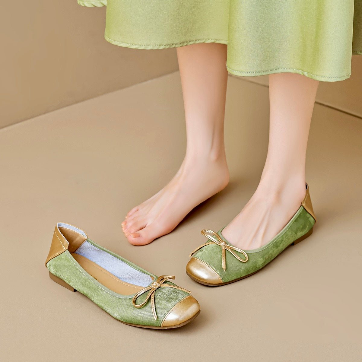 Women's square toe ballet flats with bow detail, cushioned arch support, and metallic cap accent