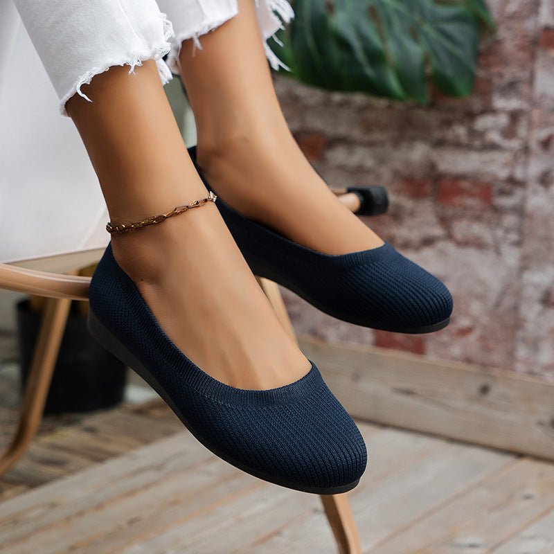 Women's knit loafer flats in neutral tone, wide fit with arch support, lightweight breathable everyday comfort shoes