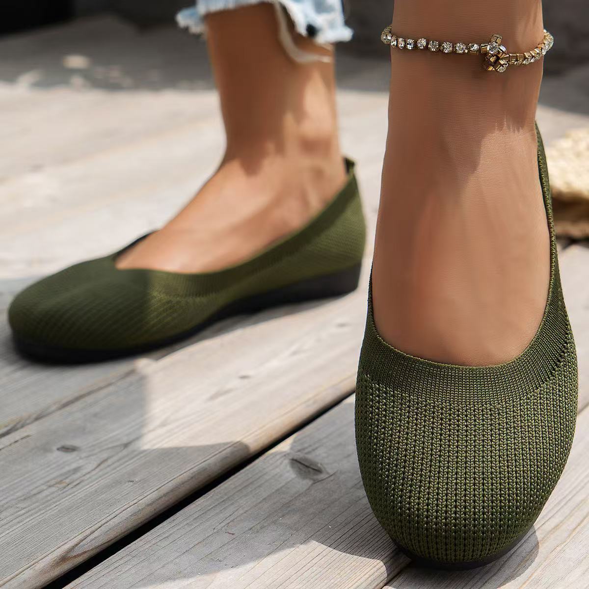 Women's knit loafer flats in neutral tones, wide fit with arch support, lightweight breathable comfort shoes
