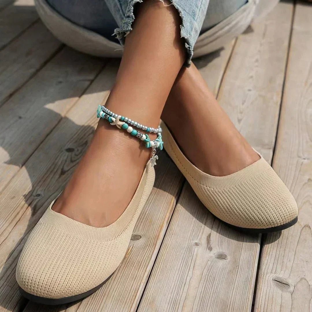 Women's knit loafer flats in neutral tones, wide fit with arch support, lightweight breathable comfort shoes